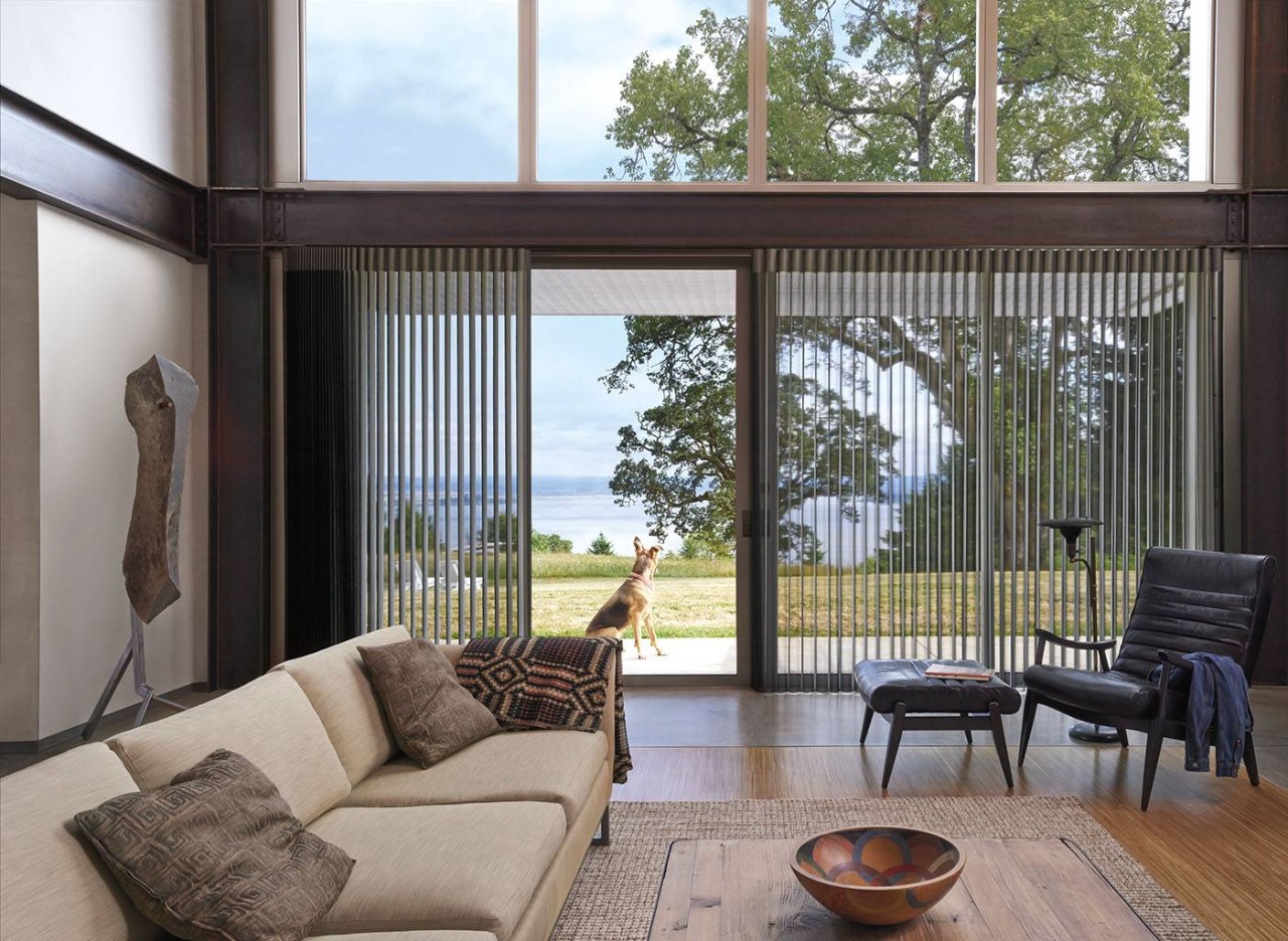 Hunter Douglas Luminette® Sheer Panels door covering filtering light in a Brunswick, GA, home during the day