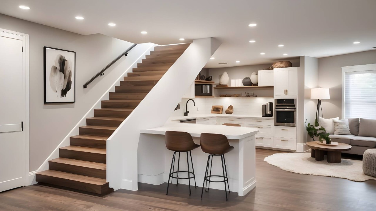 A modern basement featuring contemporary furniture and basement window shades at Little's Custom Blinds & Shutters near Brunswick, GA 