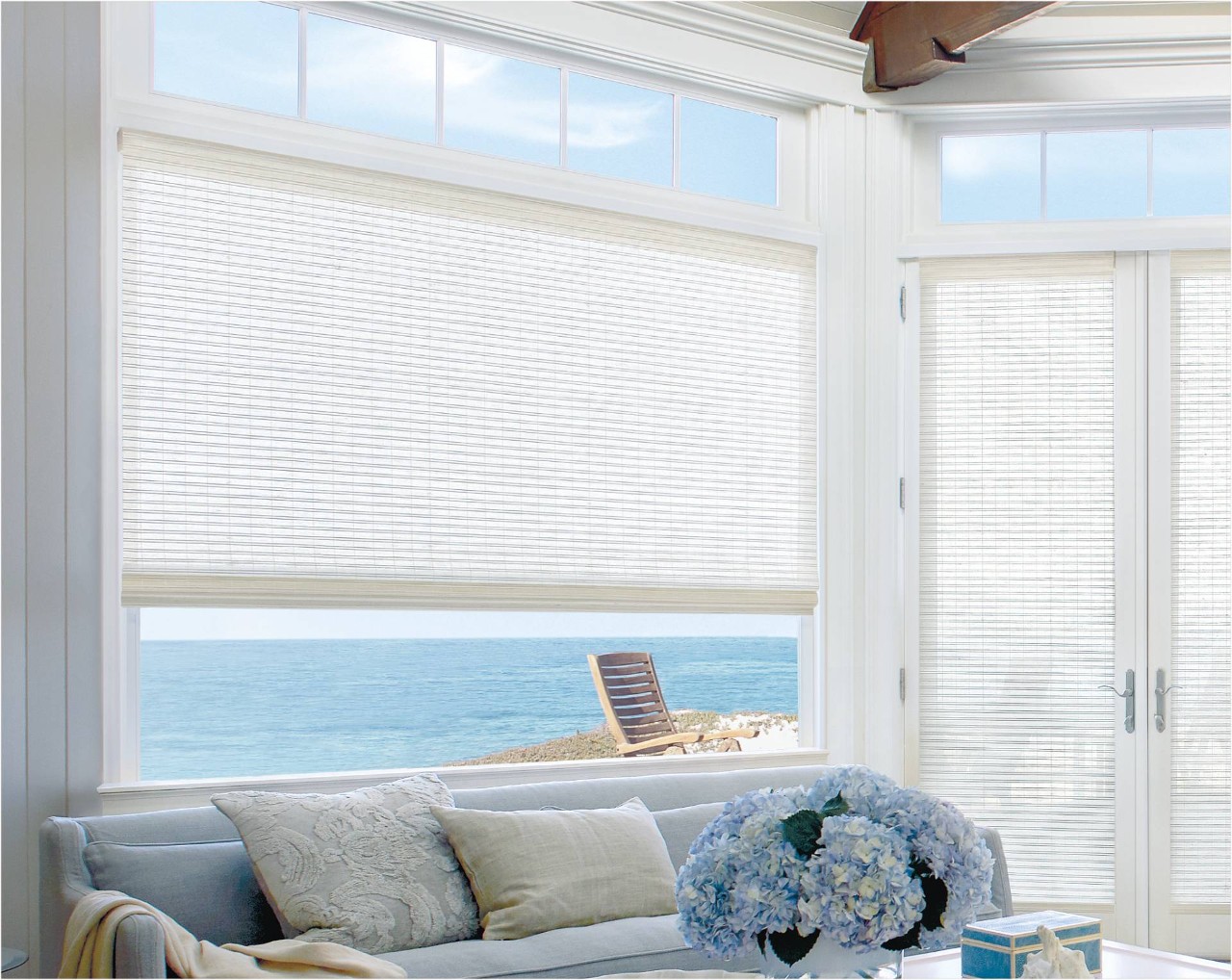 Woven wood shades blocking light in a sunroom near Brunswick, GA