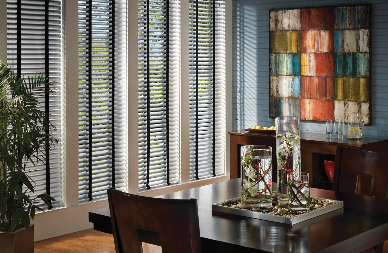 Hunter Douglas corded mini blinds in a dining room at Little’s Custom Blinds & Shutters near Brunswick, GA